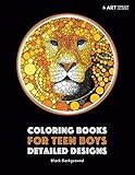 Coloring Books for Teen Boys: Detailed Designs: Black Background: Advanced Drawings for Teenagers & Older Boys; Zendoodle Skulls, Snakes, Lions, Wolves, Owls & Geometric Patterns; Midnight Edition by Art Therapy Coloring