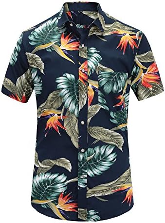JEETOO Mens Casual Flower Print Hibiscus Short Sleeve Hawaiian Aloha Shirt