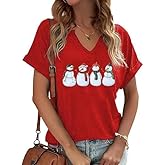 V Neck Merry Christmas Shirts for Women Bright Snowman Tree Graphic Blouse Winter Indoor Casual Tops Festival Tee