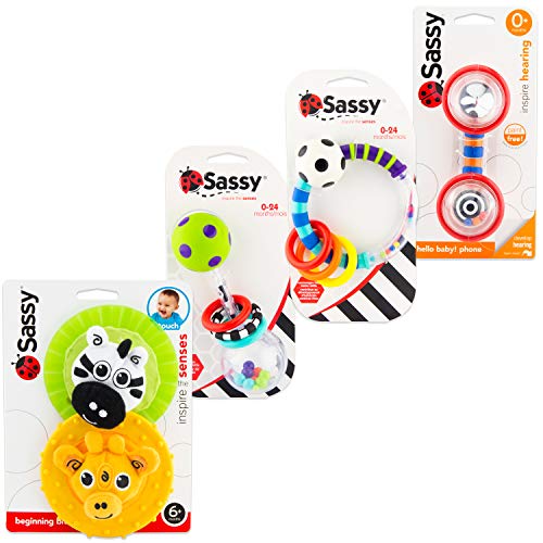 Sassy's Newborn Gift Set 0+ months Includes 5 Essential Toys To A Newborn's Development: Hello Baby! Phone, Beginning Bites, Ring Rattle and Spin Shine Rattle