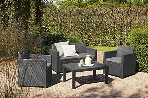 Allibert by Keter Merano Gartenmöbel Set aus Kunststoff, inkl. Sitzkissen, grau, 4-teilig, 2 Sessel, Sofa & Tisch, für Garten & Terrasse, Flache Rattanoptik – Bild 6
