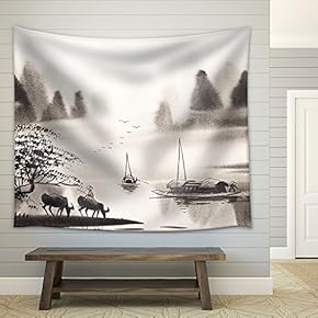 Chinese Landscape Watercolor Painting - Fabric Wall Tapestry Home Decor - 51x60 inches