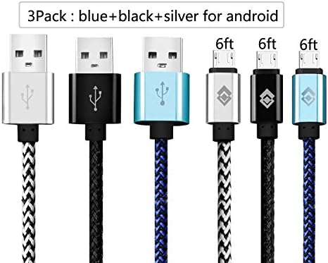 Micro USB Cables,3 pack 6FT/2m Nylon Braided Tangle-free Premium Durable High Speed Data Sync Charging Cord for Android Samsung HTC Motorola LG Sony Blackberry and More (3pcs 3colors)