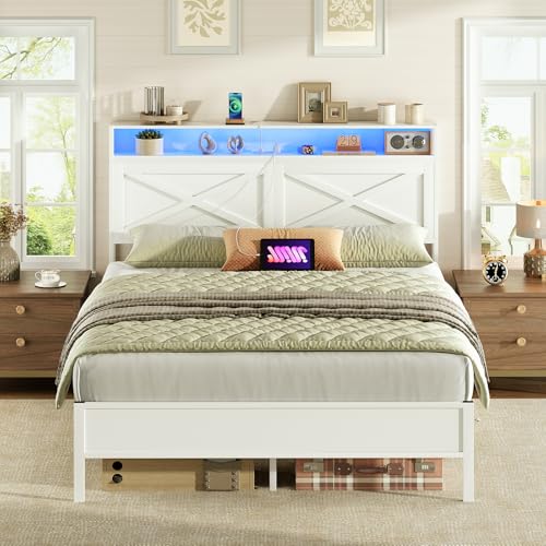 HOOBRO Full Size Bed Frame, Bed Frame with Charging Station and LED Lights, Headboard with Shelves, Heavy Duty Metal Frame, Noise-Free, Easy Assembly, No Box Springs Needed, White WT01UDBF01