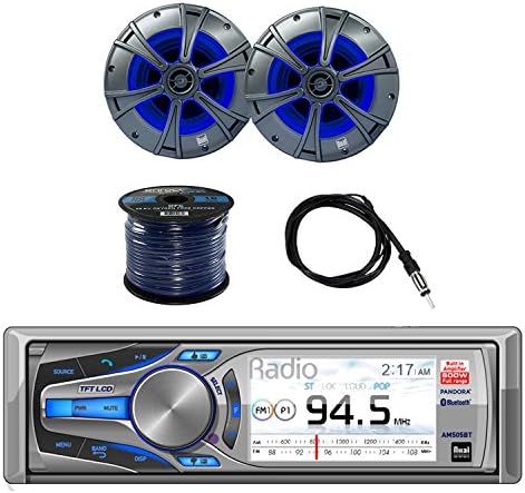 Dual Mechless Bluetooth Receiver iPod/iPhone Control with Dual 2-way Marine Speakers W/Blue Light LED Illumination Pair, Enrock Audio Marine Grade Spool of 50' 16G Speaker Wire &amp; Enrock Marine Antenna