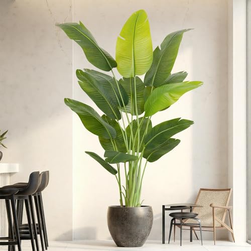 ZEEOZE Artificial Plant Bird of Paradise 200 cm High Fake Tropical Palm Tree for Indoor Outdoor with 15 Leaves Banana Tree Indoor Fake Tree with White Asus for Bed Garden Office Decoration