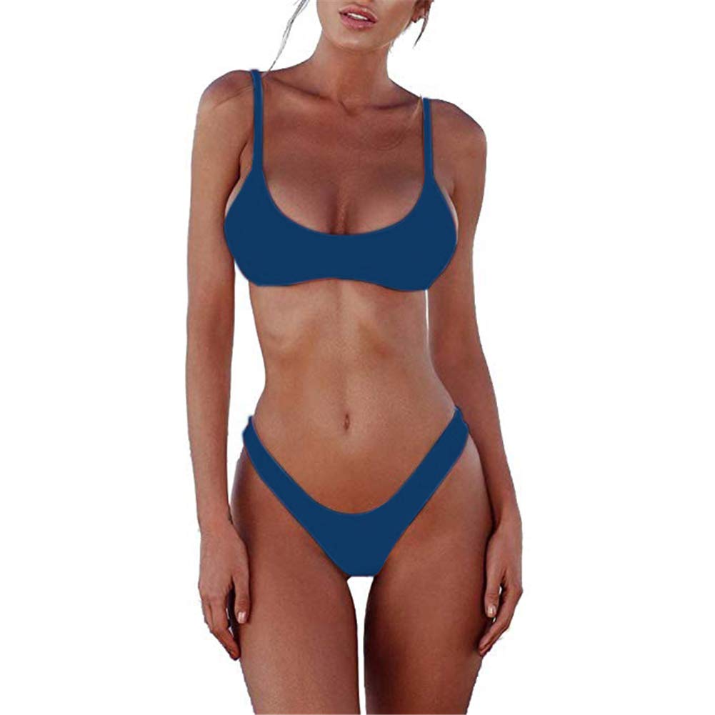 Photo 1 of SherryDC Women's Solid Scoop Neck Push up Padded Brazilian Thong Bikini Swimsuit Deep Blue,M