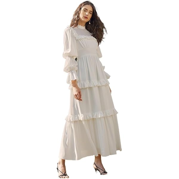 【EEUN】Side Ruffle Up Summer Women's Dress Mock Neck Gathered Sleeve Ruffle Dress