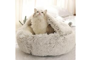 Geizire Small Dog Bed & Cat Bed, Round Donut Calming Cat Beds, Anti-Anxiety Cave Bed with Hooded Blanket for Warmth and Security - Very Small and Up to 6 Pounds