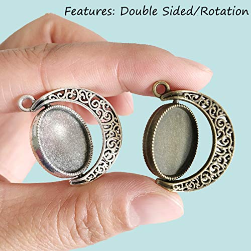LANBEIDE 20PCS Moon Rotation Double Sided Round Bezel Blank 18mm Pendant Trays, with 40 Pieces Cabochons Settings Trays for Jewelry Making DIY Findings(Silver, Antique Bronze) - Thumbnail 5