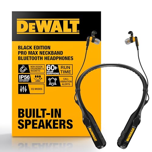 DEWALT Neckband 2-in-1 Heavy Duty Bluetooth Headphones, Wireless Earphones with Built-in Speakers, 60+ Hours Autonomy HD Microphone, IP56 Waterproof, Ideal for Construction Site, Workshop and Outdoor Black