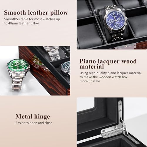 BEWISHOME Watch Box -10 Slot Wooden Watch Cases for Men Watch Storage with Real Glass Top, Mens Watch Organizer Holder with Removable Pillows, Smooth PU Leather Interior, Brown SSH10Y