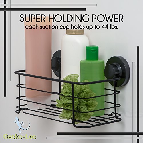 Gecko-Loc Deep Shower Shelf Caddy Storage Basket Shampoo Conditioner Holder w Vacuum Suction Cups No Hooks No Drilling - Sponge Shampoo Conditioner Holder- Black SS - Adhesive DISKS Now Include
