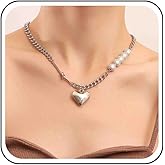 Erimberate Bohemian Love Heart Pendant Necklace Silver Curb Chain Necklace Vintage Pearl Necklace Choker Cuban Chain Necklace Jewelry for Women