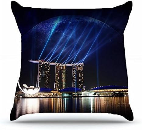 Maifkau Throw Pillowcase 18 x 18 Inches Cotton Pillow Cover Case with Hidden Zipper Decor Cushion Covers - City night lights water images reflection pond house building searchlight beams light planet
