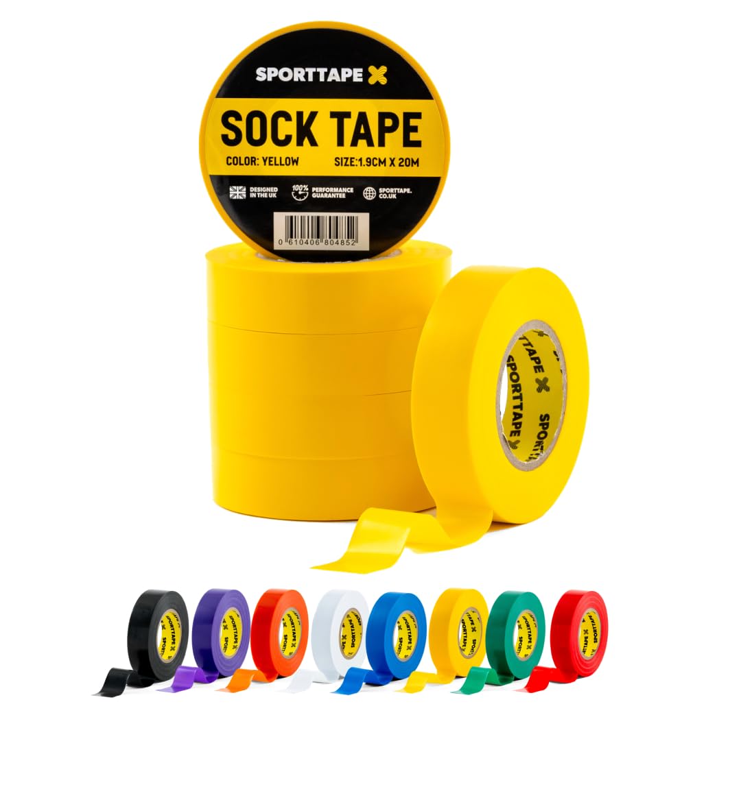 SPORTTAPE 6 Rolls Sock Tape - Yellow - 1.9cm x 20m | PVC Insulating Tape for Football, Soccer & Rugby - Holds up Football Socks, Shin Pads & Shin Guards | Secures Lifting Blocks, Boots & Ears