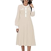 ETCYY Women's Casual Long Sleeve Midi Dress 2025 Striped Fall Sweater Work Button Pleated A Line Ribbed Knit Dresses