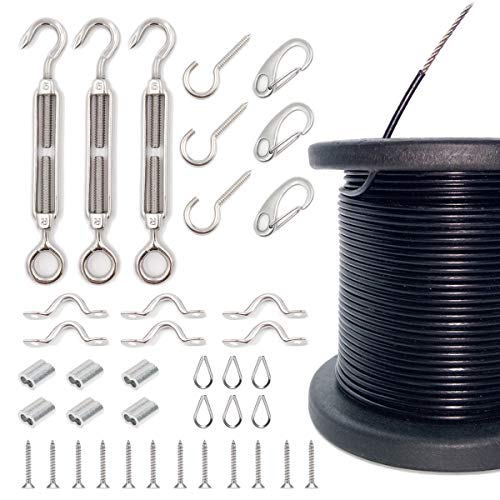 Aotree Outdoor Lights Hanging Kit - Globe String Light Suspension Kit - Vinyl Coated Stainless Steel Hanging Cable - Lighting Guide Wire - 164 ft Wire Rope with Turnbuckles and Hooks for Patio