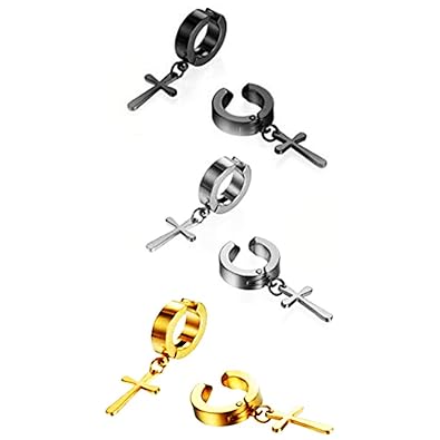 Stainless Steel No Piercing Clip On Cross Hoop Dangle Earrings For Men Women Hypoallergenic
