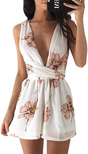 Womens V-neck Short Jumpsuit Casual Floral Print Waist Rompers By GAMISOTE