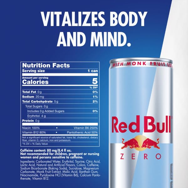 RED BULL ZERO ENERGY DRINK, 8.4 FL. OZ., WITH 80MG CAFFEINE, TAURINE & B VITAMINS, PACK OF 4 CANS