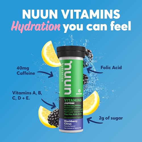 NUUN VITAMINS + CAFFEINE ELECTROLYTE TABLETS WITH VITAMIN D, C, E, A, & B6, FOLIC ACID, MAGNESIUM & 4 OTHER ESSENTIAL ELECTROLYTES, GLUTEN FREE & VEGAN, BLUEBERRY CITRUS