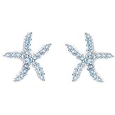 BeFab 925 Sterling Silver Cubic Zirconia Paved Small Starfish Studs Nautical Themed Blue Ocean Beach Earrings