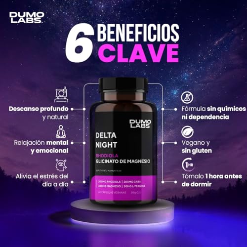 DUMO Delta Night | Capsulas para Dormir y Relajación | Suplemento Natural para el Sueño con GABA, Albahaca Sagrada, 5-HTP y Magnesio | Apoyo al Descanso Profundo y Equilibrio Mental | 60 Cápsulas Veganas sin Gluten | 1 Mes de Consumo