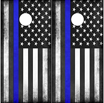 Speed Demon Hot Rod Shop Cornhole Board Wraps ~ Subdued Thin Blue Line Police Flag Corn Hole Boards Laminated Decal Wraps (Set of 2) CHB