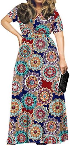 POSESHE Women's Solid V-Neck Short Sleeve Plus Size Evening Party Maxi Dress