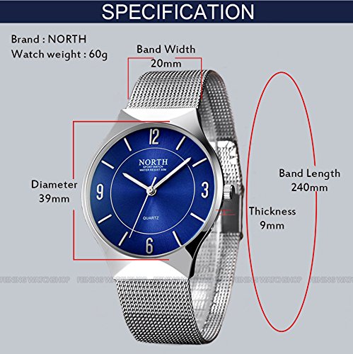 NORTH Silver Stainless Steel Mens Watch Fashion Analog Quartz Men Wrist Watches Casual Waterproof Military Wristwatch for Men Blue - Thumbnail 4