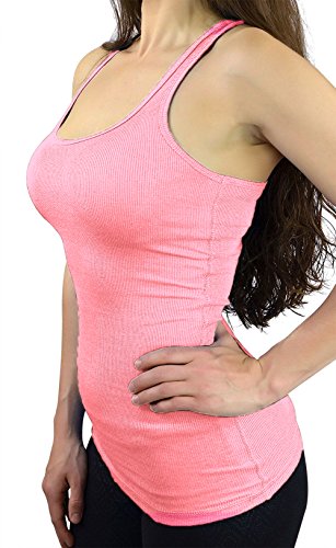Belle Donne - Junior's Tank Top Skinny Racerback Rib Tanktop Regular Plus Size - Bright Pink/Large