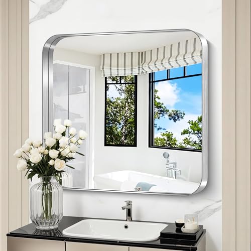 CIRCUMI Silver Bathroom Mirror, 30"x30" Rectangular Mirror for Vanity at Amazon