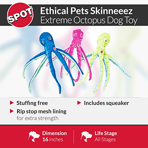 Ethical Pets Skinneeez Extreme Stuffingless durable squeaker Octopus Dog and Cat Toy, 16", Assorted