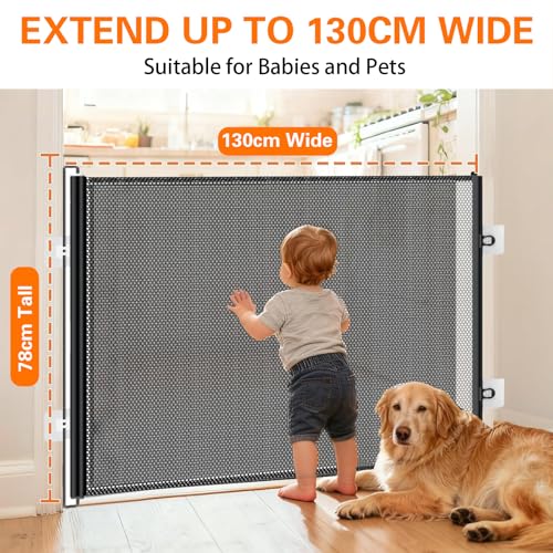 78CM Extra Tall Pet Gate,130CM Wide Retractable Cat Gate with Support Rods and Floor Hook,Easy to Use Pet Fence for The House Stairs Doorways Hallways Indoor Outdoor, No-Drill Installation(A)