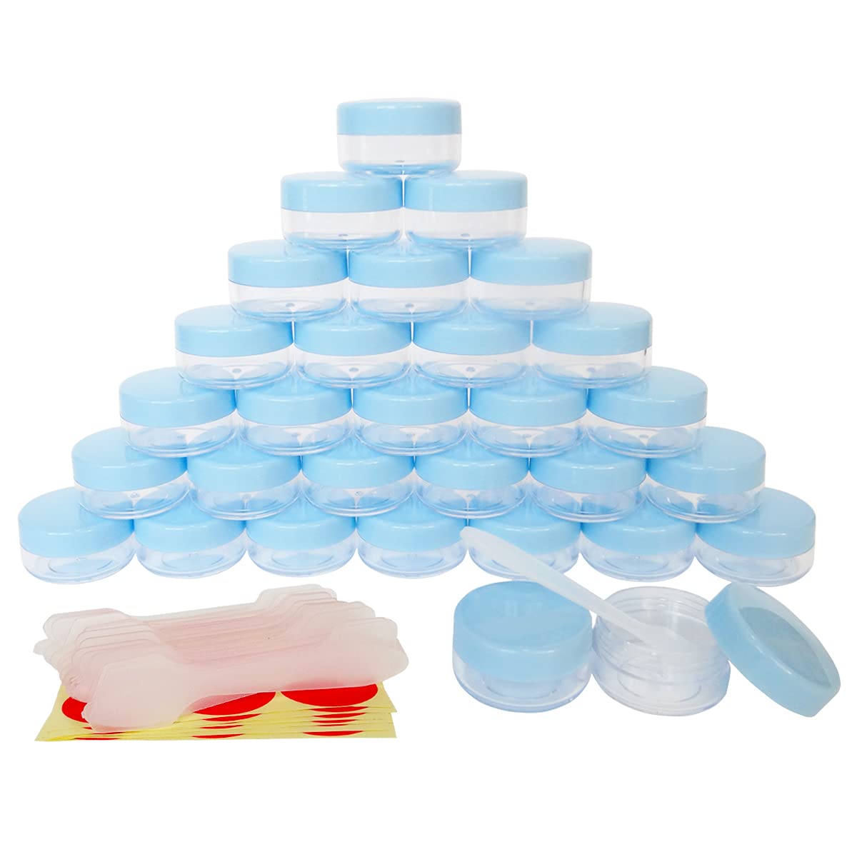Wopanxye 30x 10ml Sample Jars, Small Empty Refillable Cosmetic Container, Plastic Round Pot w/Blue Screw Cap Lid, Tiny 10g Jars for Makeup Eye-shadow Nails Powder Jewelry Slime, Free 30pcs Spatulas