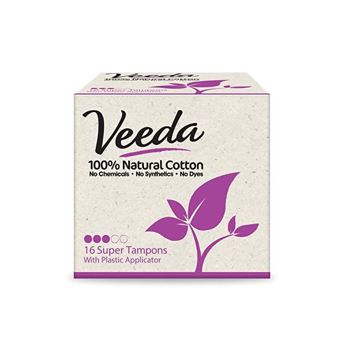 Veeda 100% Natural Cotton Compact BPA-Free Applicator Tampons Chlorine, Toxin and Pesticide Free, Super, 16 Count