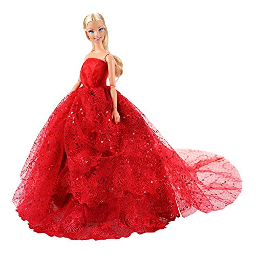 Barwa Red Princess Dress Evening Party Clothes Wears Train Wedding Dress Outfit For Barbie Doll