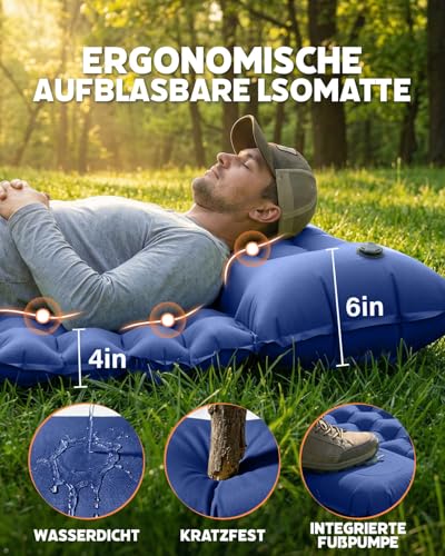 Double Inflatable Camping Sleeping Mat, Ultralight Sleeping Mat with Integrated Cushion & Foot Pump, Waterproof Sleeping Mat for 2 People, Compact for Camping, Trekking, Backpacking and Travel, Blue