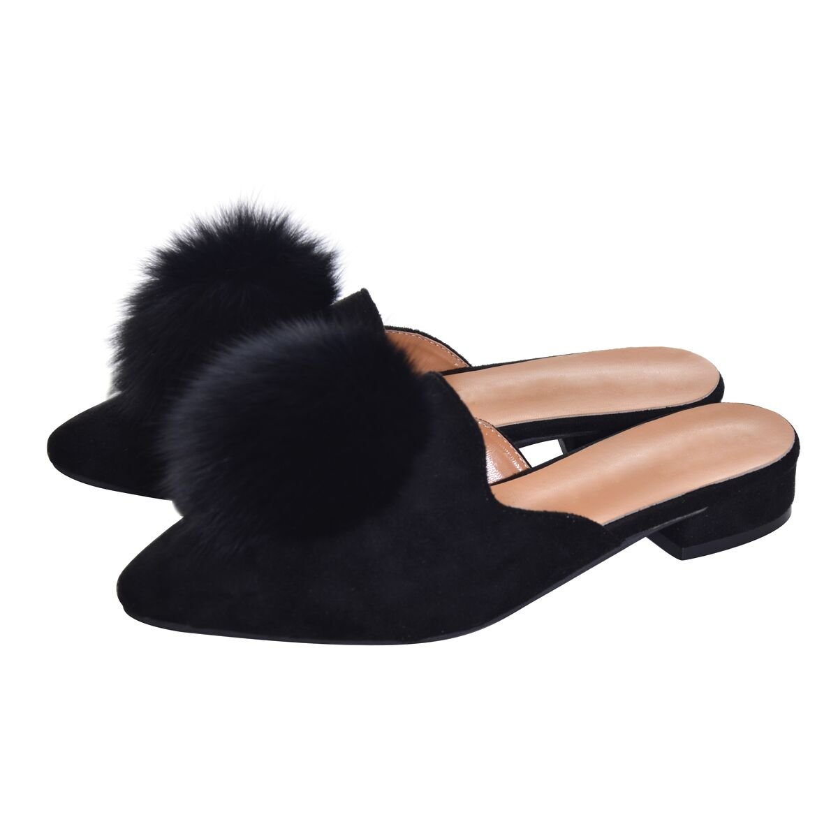 Hee grand Women's Pom Pom Slides Mules Pointed Toe Backless Loafers