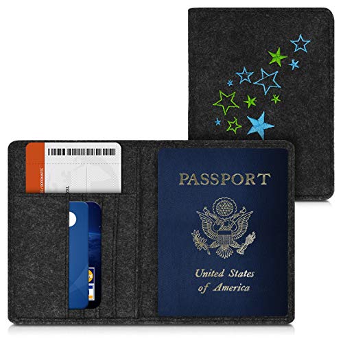 kwmobile-Passport-Holder-with-Card-Slots-Felt-Passport-Cover-Protective-Case-Travel-Wallet-for-Men-Women-Star-Mix-Light-GreenBlueDark-Grey