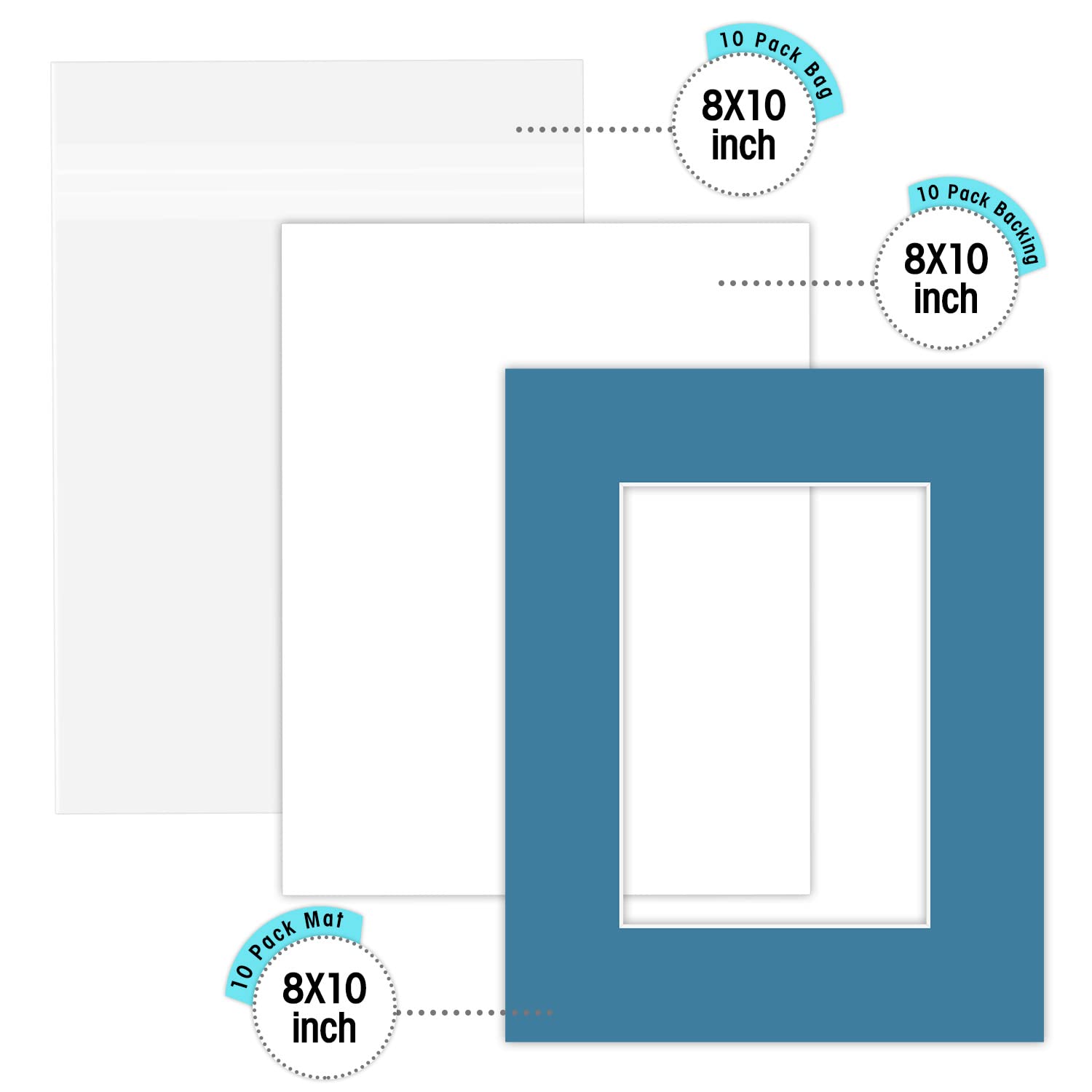 Golden State Art, Pack of 10 Mixed Colors Pre-Cut 8x10 Picture Mat for 5x7 Photo with White Core Bevel Cut Mattes Sets. Includes 10 High Premier Acid Free Mats & 10 Backing Board & 10 Clear Bags