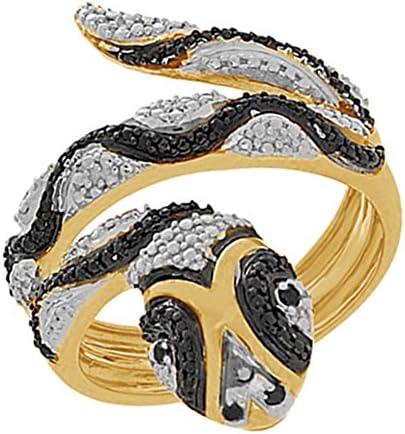 Black &amp; White Natural Diamond Engagement and Wedding Accent Snake Ring in 14k Yellow Gold Over Sterling Silver (0.07 Ct)