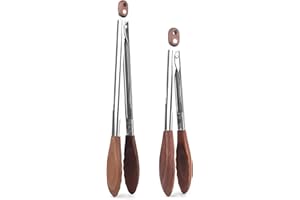 2 Pcs Wooden Cooking Tongs Set, 12 Inch 9 Inch Walnut Wood Stainless Steel, Non Scratch Heat Resistant Locking Kitchen Tongs 