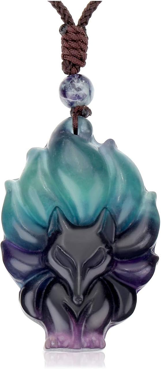 JSDDE Natural Crystal Gemstone Fox Pendant Necklace with Adjustable Woven Rope Chain (Fluorite), Fluorite (Nine-tailed Fox)