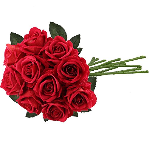 Supla 10 Pcs Artificial Roses Red with Stems Open Silk Roses Velvet