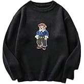 Teddy Bear Embroidered Sweater, Fleece Lined Crewneck Pullover, Warm Winter Knit, Navy Blue, Green, Black