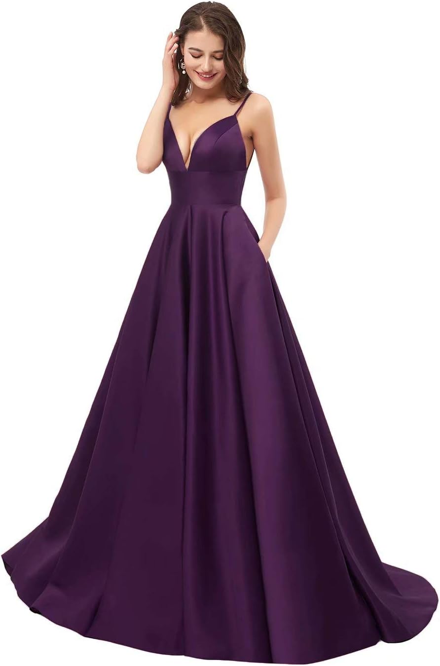herdress Womens Spaghetti Strap Prom Dresses Long 2020 A-line V Neck Satin Formal Evening Ball Gowns with Pockets