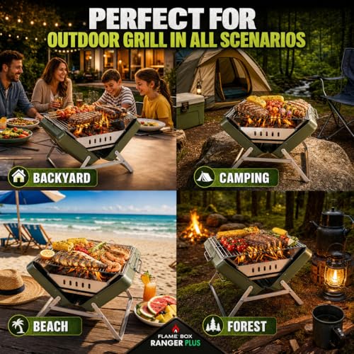 Flame Box Ranger Plus – Parrilla Portátil de Carbón Plegable Tipo Maletín | Superficie Grande para 4–5 Personas | Acero Inoxidable 304, Montaje Rápido, Ligera y Fácil de Transportar