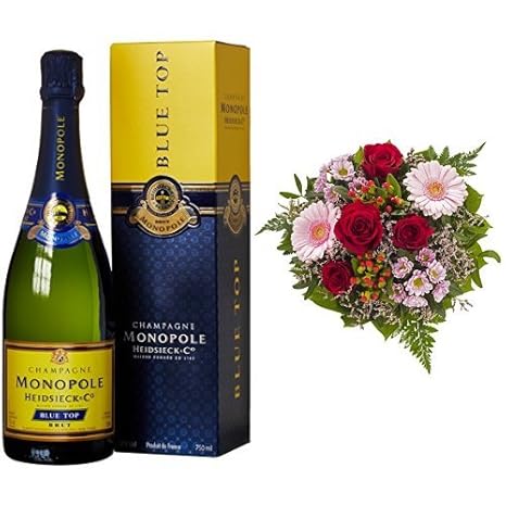 Monopole Heidsieck Blue Top Brut Champagner + Blumenstrauß Herzblatt
